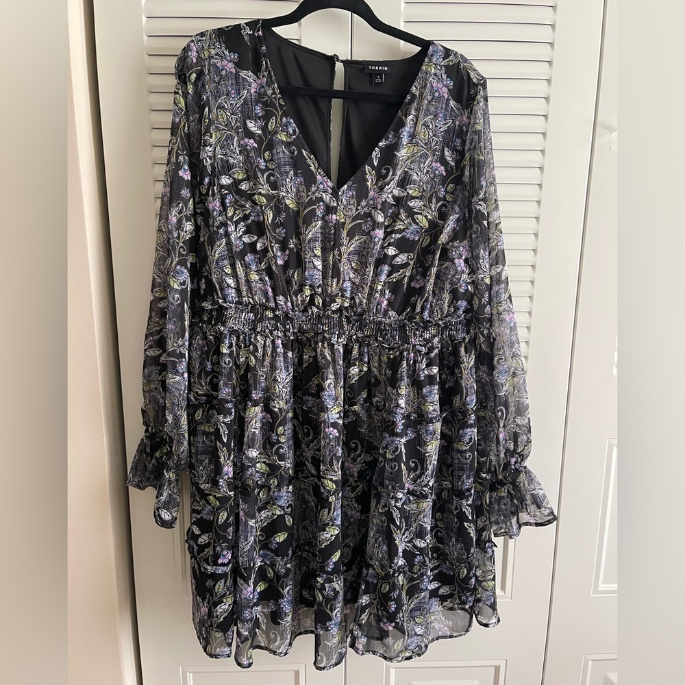 Torrid Black and Purple Floral Long Sleeve Dress